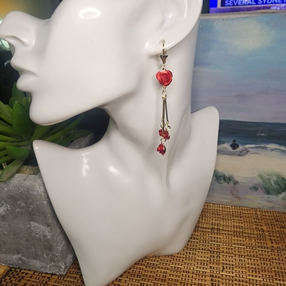 Gold with Red Rose Flowers Dangle Earrings - Picture 6 of 7